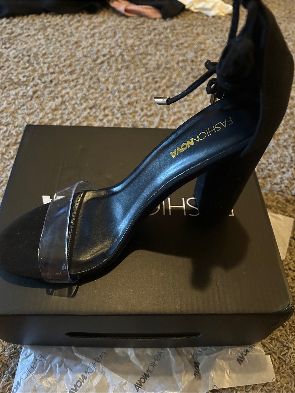 Fashion Nova Black Clear Strap Block Heel with Ankle Tie